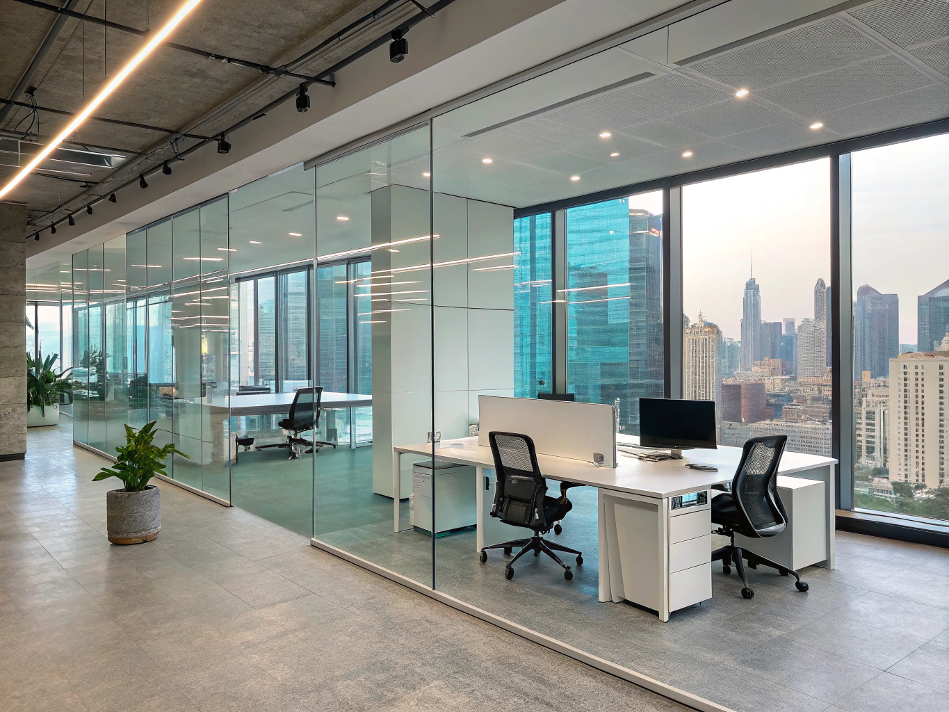 Modern tech office in London with blue ambient lighting and digital displays