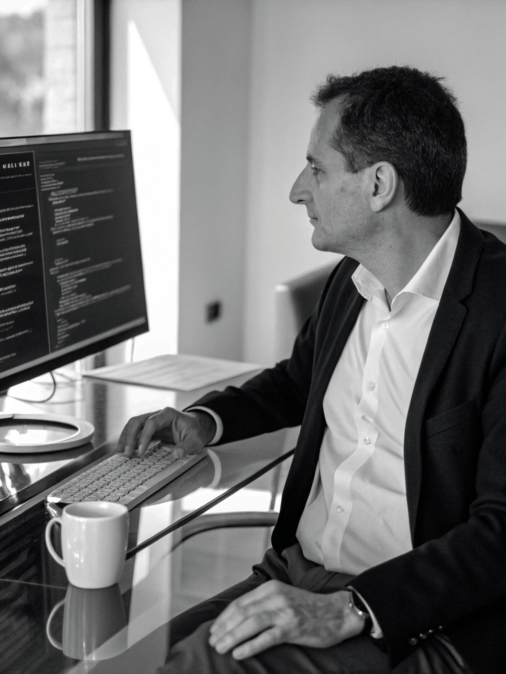 AI consultant analyzing business automation workflows on a digital screen