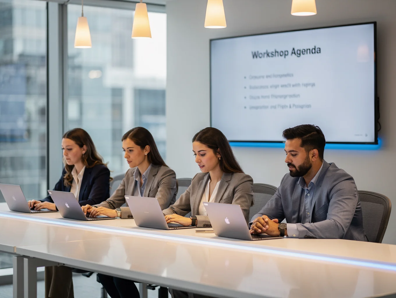Focused professional team in a modern tech office during a workshop