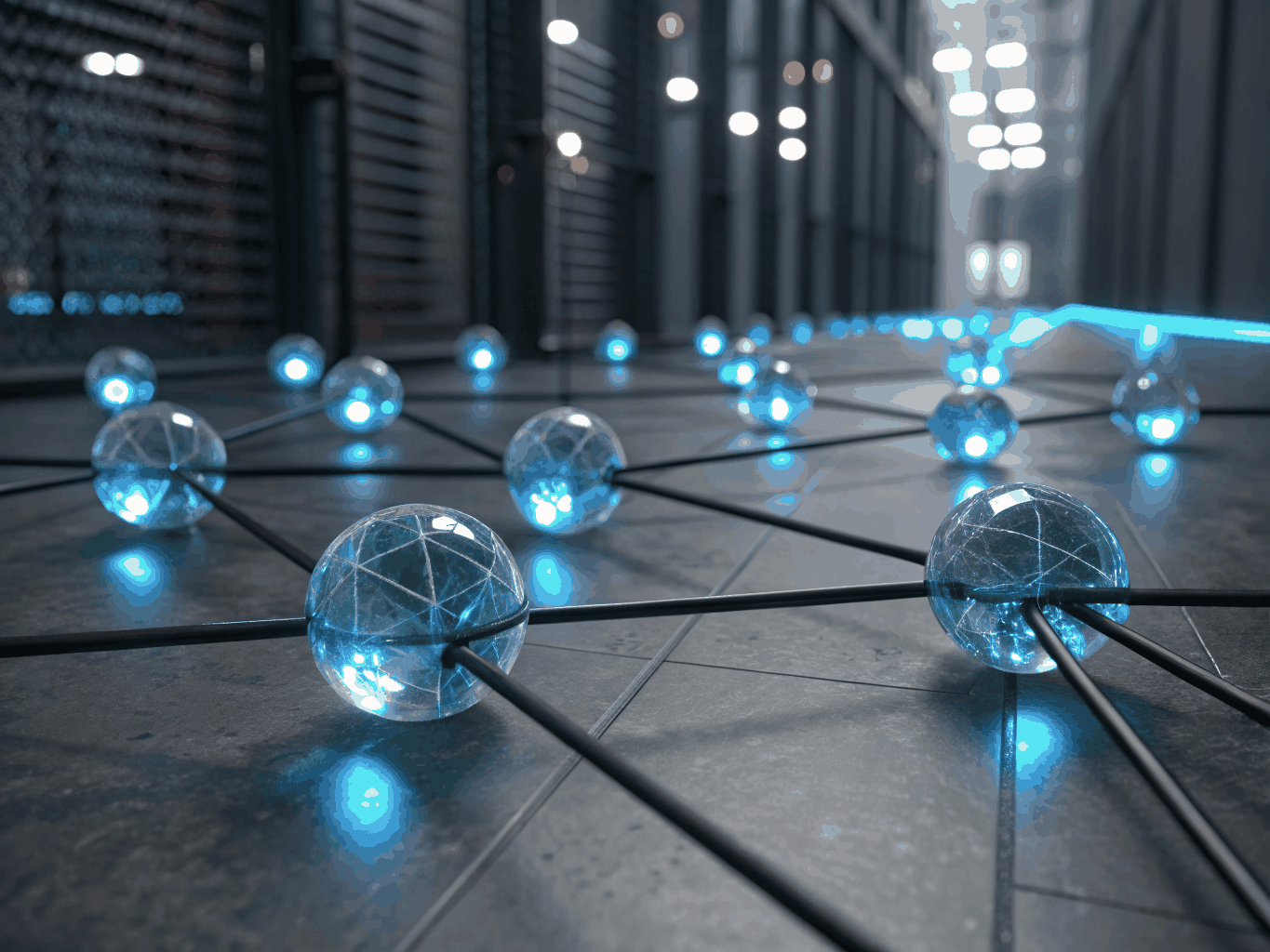 Abstract visualization of connected digital nodes and data flow