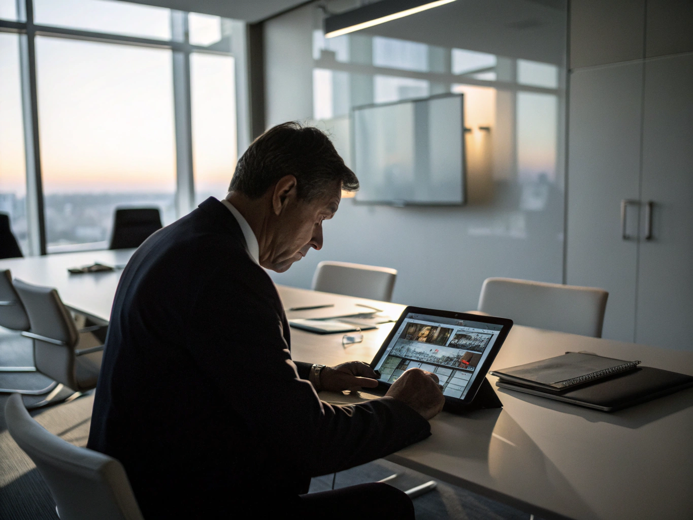 Professional analyzing digital workflow diagrams on a tablet